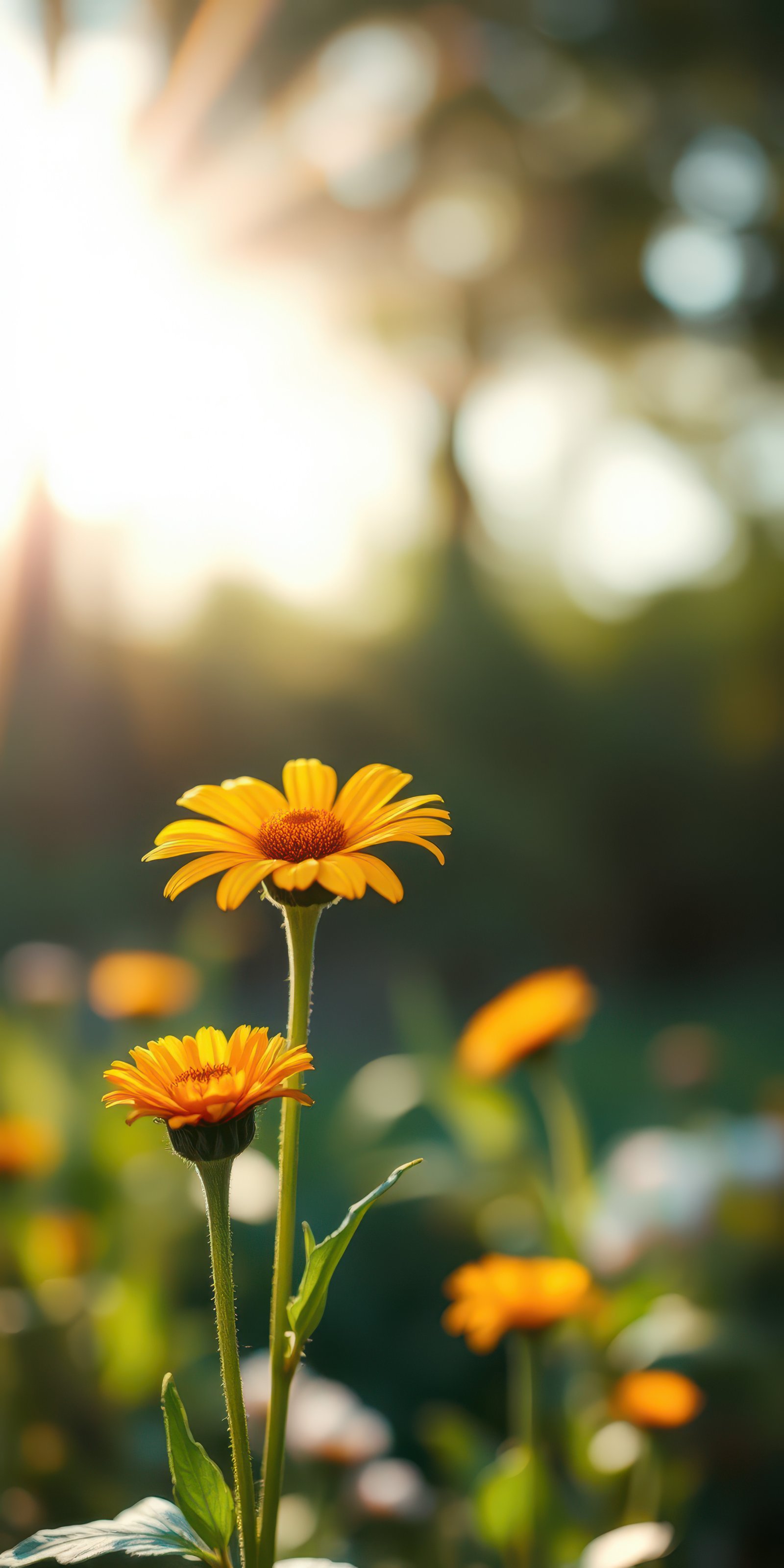 Bright yellow flowers standing tall in a sunlit garden during late afternoon hours